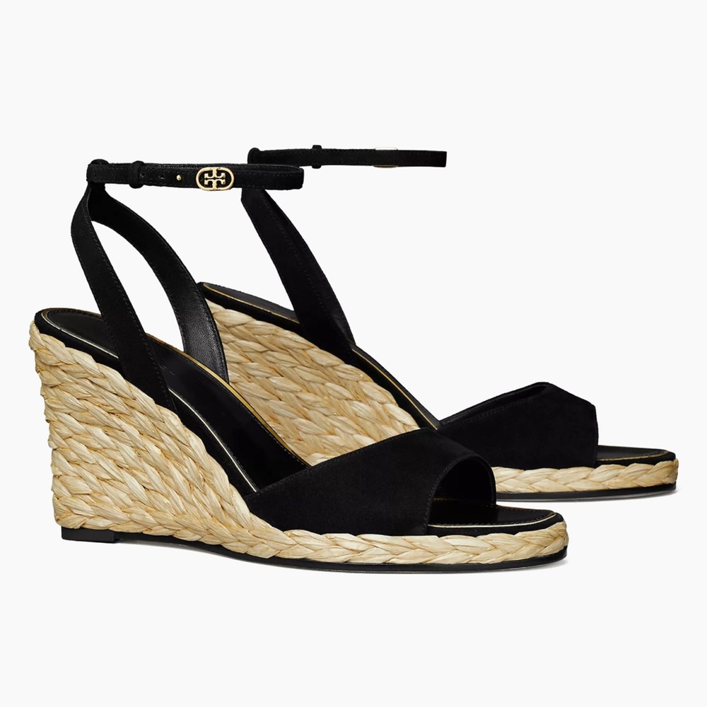 Tory Burch Double T Buckle 80MM Suede Wedge Sandals